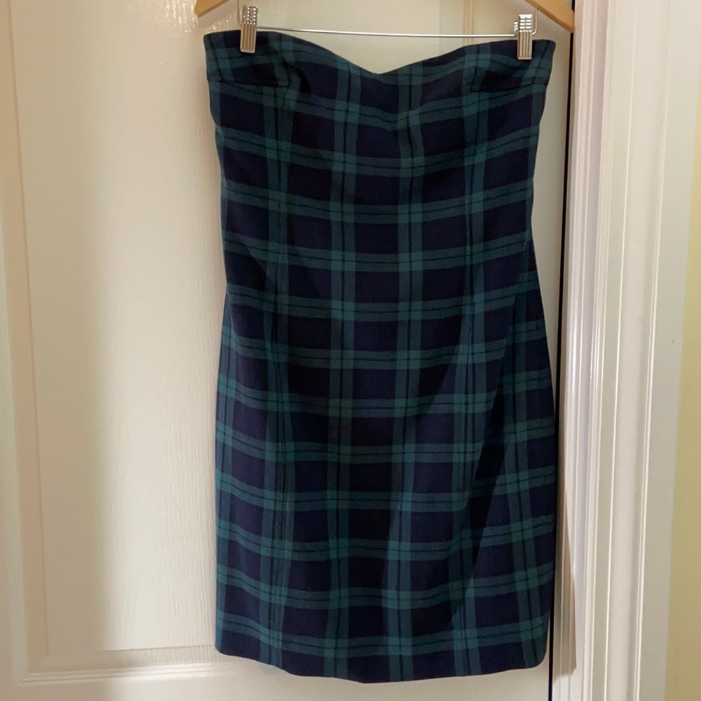 Strapless wool Black Watch plaid dress.